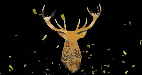 illustration depicting silhouette of stag head with intricate floral patterns embellished on side. background features dynamic interaction with falling golden confetti, creating elegant and festive tone. suitable for event invitations, outdoor-related prints, or elegant decorations. perfect for visual projects symbolizing strength, power, nature.