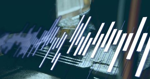 Abstract soundwave projection across weathered window ledge with peeling paint and blinds
