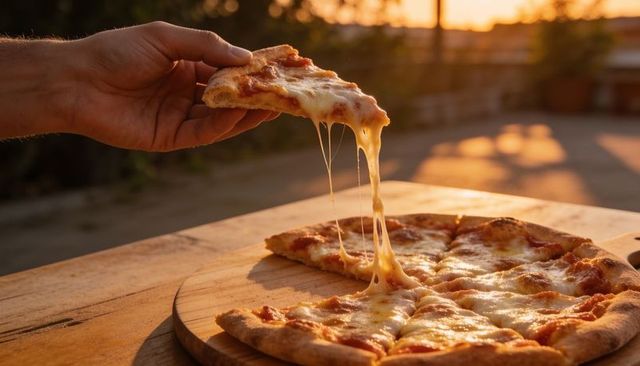 Hand pulling gooey mozzarella slice from wood-fired pizza at golden hour