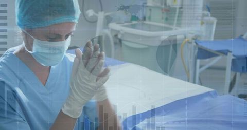 Surgical nurse donning sterile gloves preparing for operation with digital medical overlay