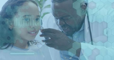 Doctor Examining Girl Amidst Medical Data Graphics