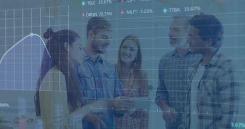 Business team analyzing financial data on tablet with overlaid analytics charts