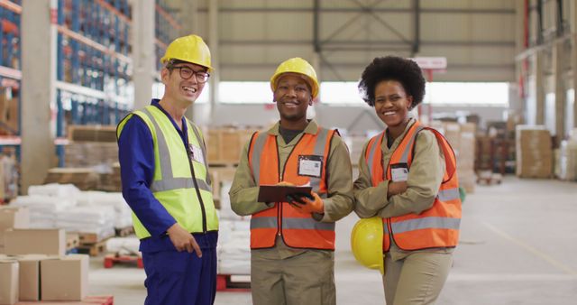 Group of smiling warehouse workers collaborating and discussing logistics in an industrial setting. They wear protective safety gear, including vests and hard hats, emphasizing workplace safety. This stock photo is ideal for illustrating concepts related to teamwork, logistics management, supply chain operations, and workplace diversity.