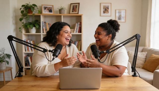 Two women laughing while recording home podcast with professional microphones and laptop