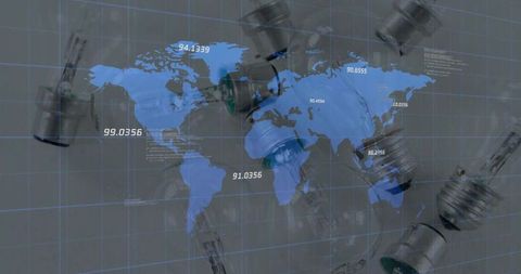 Global vaccine supply visualization: blue world map overlay with syringes, vials and data grid