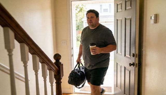Man returning home carrying gym bag and coffee entering suburban foyer with staircase and daylight