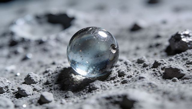 Reflective glass sphere resting on lunar regolith showing chip, dust, highlights