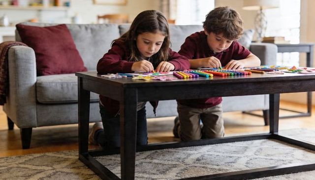 Siblings kneeling crafting with markers and beads on low wooden table at home