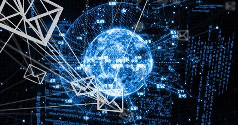 Glowing Digital Grid Wireframe with Data Streams and White Prisms