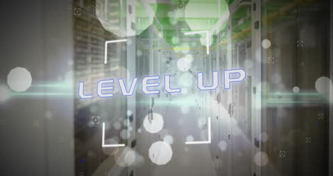 Animation of Level Up Text Overlaying Data Processing Servers