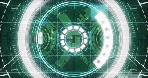 Futuristic HUD Interface with Teal Grid, Concentric Target Rings, Reticle and Radial Ticks