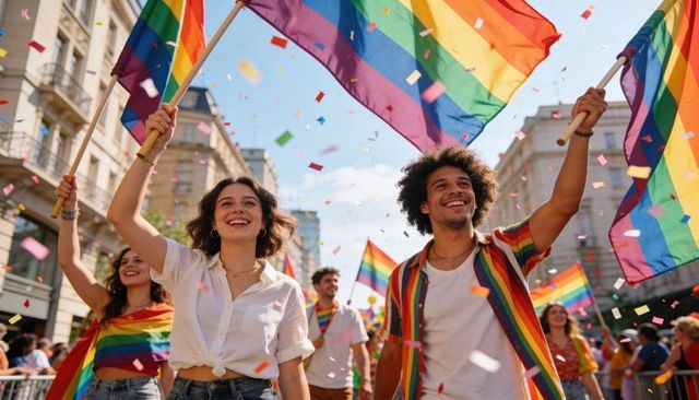 Diverse crowd marching and waving rainbow flags during urban pride parade with confetti