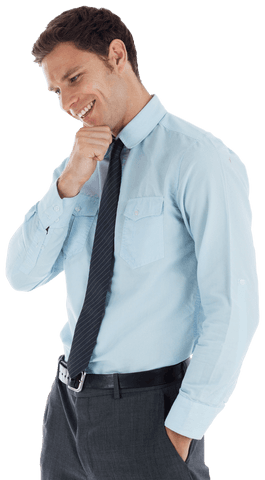 Transparent Smiling Businessman Thinking with Hand on Chin
