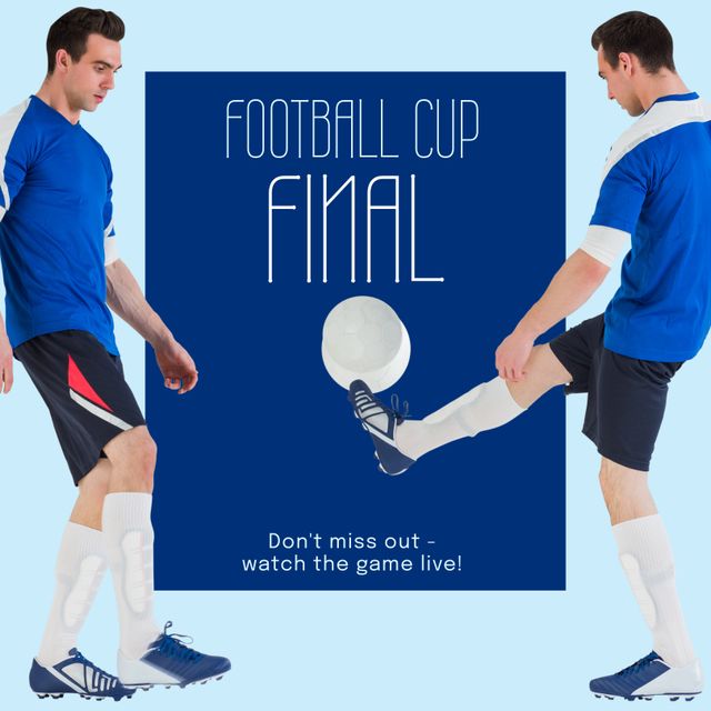 Football-themed stock image featuring two caucasian male players kicking a ball with 'Football Cup Final' text. Appropriate for sports event promotions, advertisements, social media posts, posters, and live event campaigns.