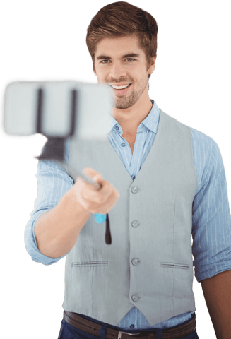 Smiling Businessman Taking Selfie with Transparent Background
