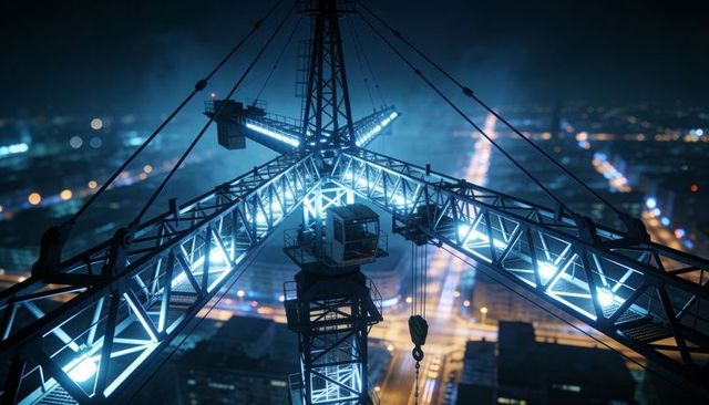 Dominating tower crane glowing over city skyline at night with illuminated truss and hook