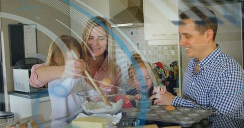 Family baking together in bright kitchen parents guiding children mixing batter and eggs