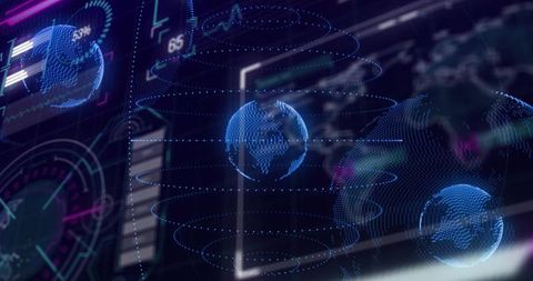 Holographic Global Network Dashboard with Orbiting Data Visualization and HUD Interface