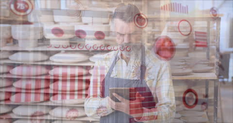 Confectioner Using Tablet Overlaid with Data Visualizations