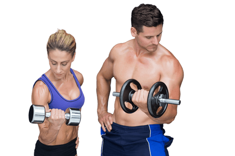 Transparent Fitness Couple Lifting Dumbbells Against Clipped Background