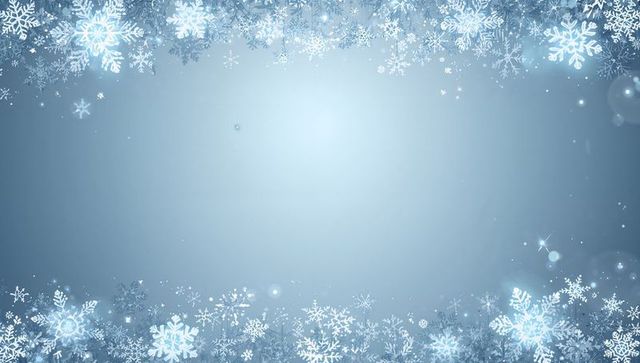 Frosty blue holiday border featuring sparkling snowflakes, bokeh and empty center