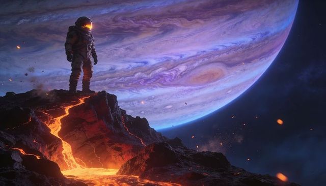 Standing astronaut surveying lava-bathed alien outcrop with gas giant skyline and embers