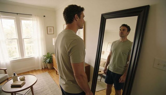 Man standing before full-length mirror in minimalist living room with natural light