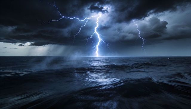 Lightning striking over dark ocean horizon during night storm with churning waves
