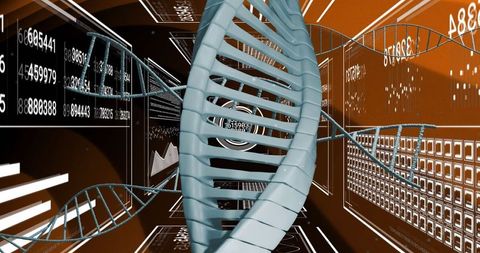 DNA Double Helix with Futuristic Data Panels