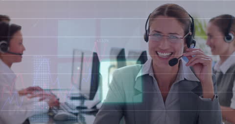 Business Professionals Using Headsets with Digital Data Overlay
