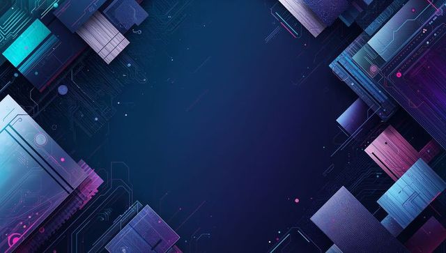 Navy tech frame with layered circuit panels and neon gradient for futuristic background