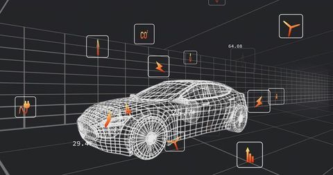 Futuristic Wireframe Car with Data and Analytics Display