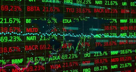Colourful financial trade screen with stock market data