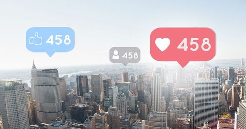 Social media engagement above city skyline
