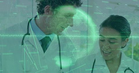 Doctors analyzing holographic globe for innovative medical diagnostics