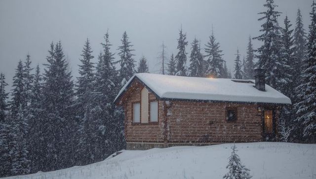 Nestling snowy cabin glowing warm light on remote forest hillside during heavy snowfall