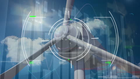 Futuristic Wind Turbine with Data Overlay and Blue Sky