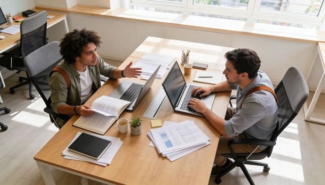 Two colleagues collaborating at shared desk with laptops and documents in bright office