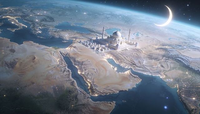 Orbital view of illuminated grand mosque spanning arabian peninsula under crescent moon
