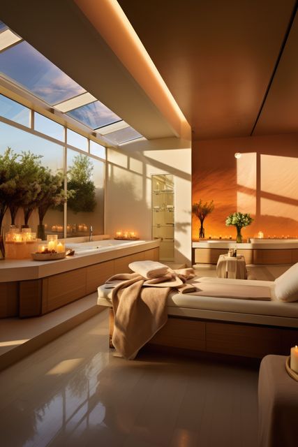 Massage therapy room with garden view at modern health spa, created using generative ai technology. Health spa, wellbeing, architectural design and luxury concept digitally generated image.