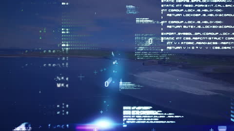 Digital Data Animation Over Aerial Sea View