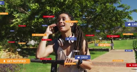 Woman on Scooter Checking Phone with Social Media Icons Displayed