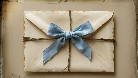 Vintage envelope with blue ribbon bow and twine