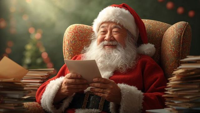 Santa claus reading letters amid holiday decor