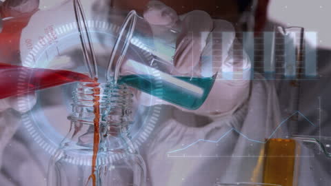 Scientist Mixing Reagents with Futuristic Data Overlay
