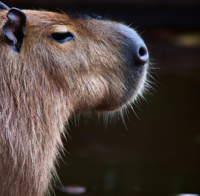 Close up of capybara over black background created using generative ai technology. Animal and nature concept, digitally generated image.