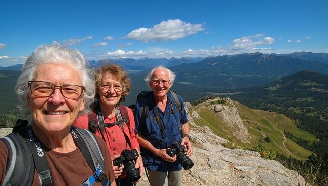 Senior trio hiking and smiling on mountain ridge holding dslr cameras with alpine view