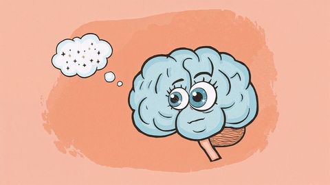 Cartoon Brain with Thought Bubble Containing Stars on Peach Background