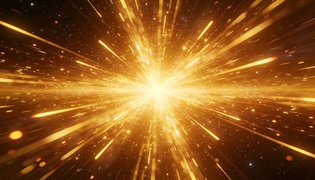 Golden stellar burst radiating radial light streaks and floating cosmic particles
