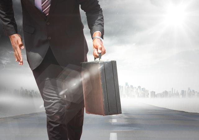 Digital composite of Business man lower body with briefcase on road with skyline and storm